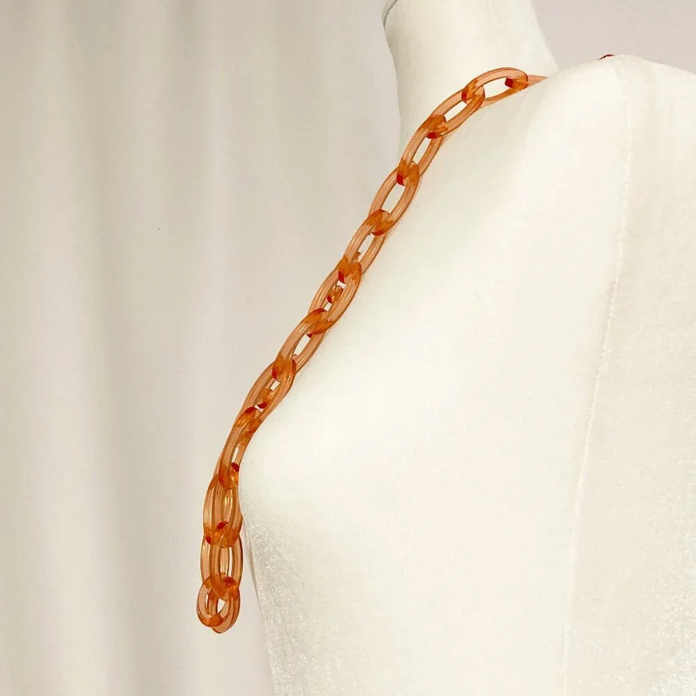 J. Crew Coral Orange Acrylic Link Statement Necklace Gold Tone Ribbon Tie